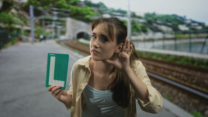 Fototapeta premium Woman holding green l plate and cups hand to ear on street railway platform listening for train; learning determination.