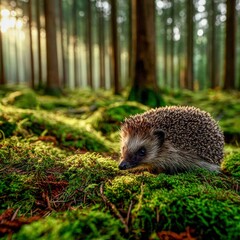 Fototapeta premium Hedgehog foraging on lush moss in a tranquil forest at sunrise
