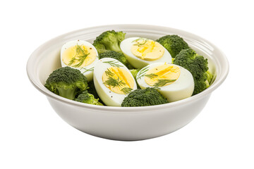 boiled eggs and broccoli in white bowl, vegetable and egg dish in ceramic bowl