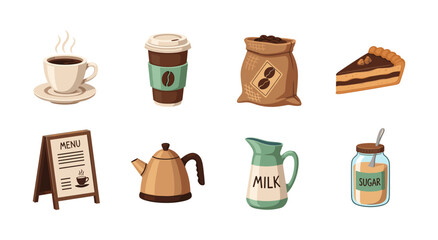 Coffee shop essentials collection: flat cafe cup, menu, and bakery treats