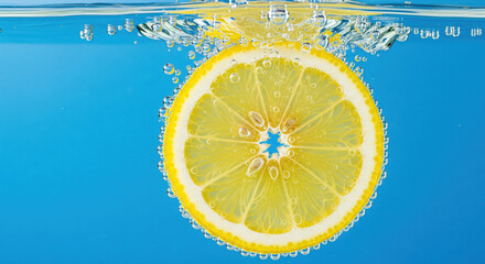 Fresh lemon slice splashing in clear water against blue background  