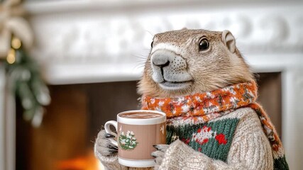 Video A cute plush toy holding a cup of coffee, perfect for use in s or advertisements about morning routines or daily habits