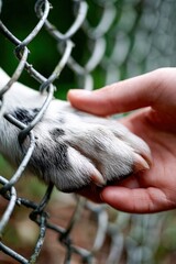 Touching moment between human and dog through fence at animal shelter