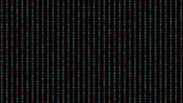 Abstract animated DNA base science background with changing A, G, C, T letters (adenine, guanine, cytosine, thymine), perfect for biotech, science, technology, and research themes