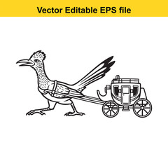 Funny black and white line art vector illustration of a cartoon roadrunner bird pulling an oldfashioned stagecoach carriage, isolated on