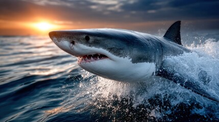 Great white shark leaps out of water at sunset near the coast