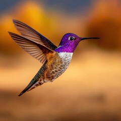 Obraz premium Colorful hummingbird in mid-flight against a blurred autumn background