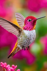 Obraz premium Colorful hummingbird hovering near vibrant flowers in a garden