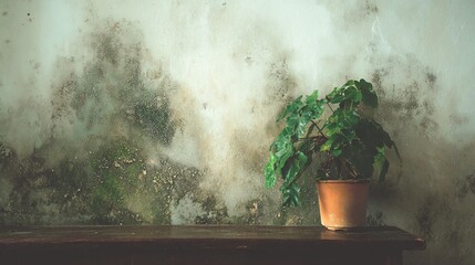Mold growing on a damp wall with a potted plant on a wooden surface indicating poor ventilation and moisture issues