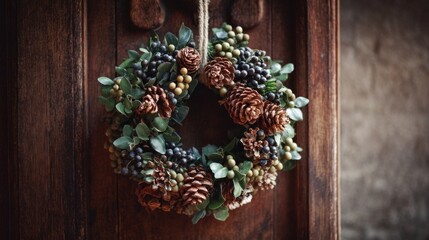 A decorative wreath made of pine cones and greenery hangs on a wooden door.