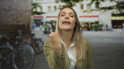 Fototapeta premium Young woman with blonde hair poses outdoors on a city street with bicycles and cafes in the background, exuding a confident expression in an urban setting.