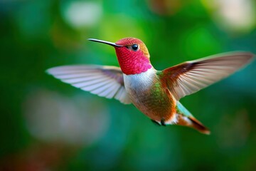 Obraz premium Colorful hummingbird flying gracefully in a lush green garden setting