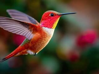Obraz premium Colorful hummingbird hovering in a vibrant garden during springtime