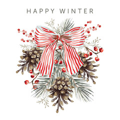 Fototapeta na wymiar Christmas greeting card, text, white background. Pine cones, twigs, red berries, big bow. Vector illustration. Poster, banner design template. Winter nature. Xmas holidays