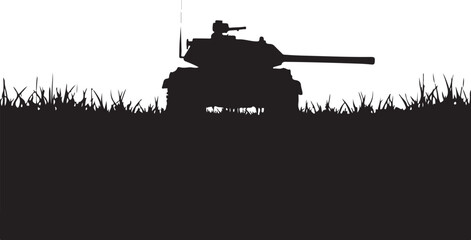 Black silhouette of a military tank in grass army vehicle