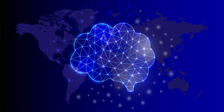 Human brain polygonal horizontal banner. Mind low poly symbol with world map background. Organ design template illustration.