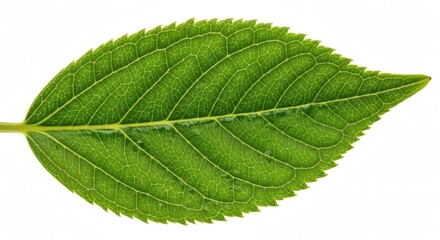 Closeup of a vibrant green leaf showcasing its intricate veins and serrated edges isolated on white background