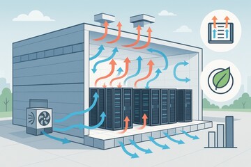 Data center cooling system illustration with airflow and server racks