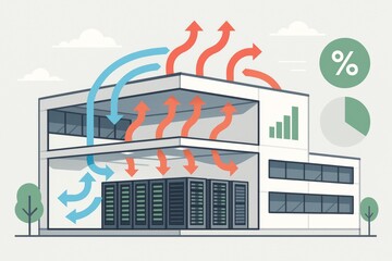 Data center cooling and airflow illustration with server room and charts