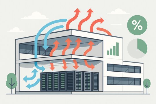 Data center cooling and airflow illustration with server room and charts - Powered by Adobe