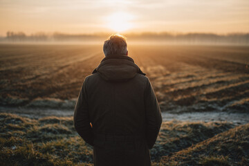 Man standing by a thawing countryside field at sunrise, enjoying fresh air and the peaceful start of spring. Middle-aged man standing at adge of thawing countryside field at sunrise. Golden sunlight.