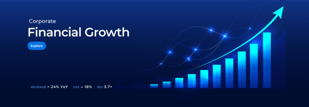 Financial analytics business growth chart digital background, blue rising bars, increase arrow and candlesticks concept for fintech, market trends, predictive investment insights. Vector illustration.