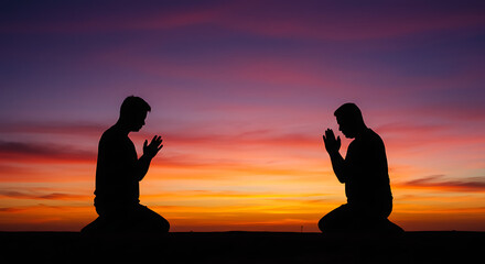 Silhouetted People Praying at Sunset