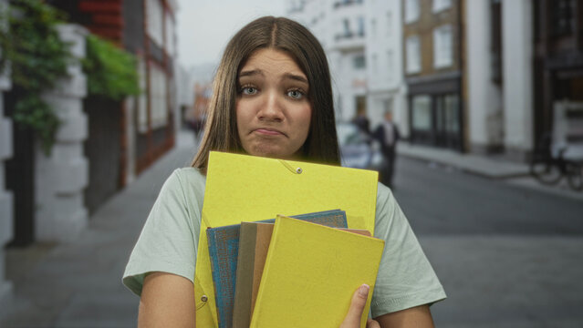 Teenage girl holding yellow folders and notebooks on a busy street sidewalk; uncertainty responsibility.