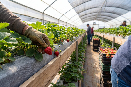 Agricultural worker hand in glove picking ripe red strawberry from raised plant row inside commercial greenhouse farm with boxes of fruit