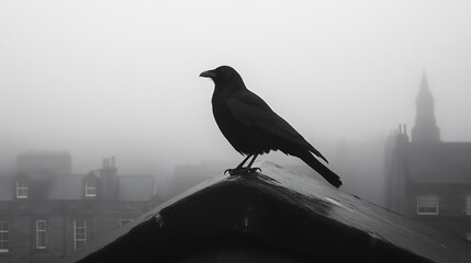 Black crow perched on rooftop in foggy city landscape monochrome photography stock image and wallpaper download