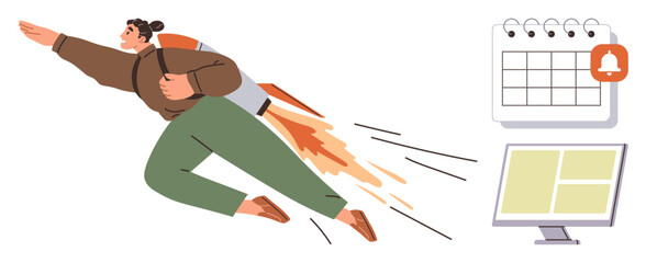 Woman with rocket backpack flying toward success with a calendar and a computer screen. Ideal for productivity, business growth, planning, entrepreneurship, time management, motivation