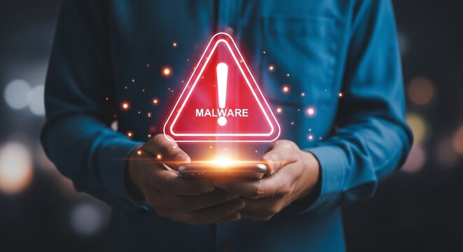 Person holding a smartphone with a glowing red malware warning triangle icon, symbolizing mobile security threats, data breaches, and digital virus risks