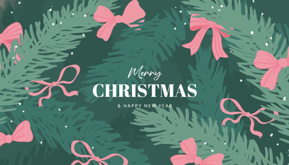Hand-drawn Christmas illustration featuring festive pine branches adorned with delicate pink bows, conveying a cheerful holiday greeting