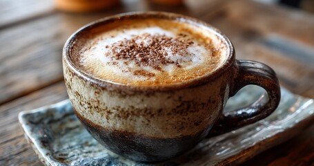 Delicious cappuccino coffee cup with foam and chocolate powder on wooden table top view close up shot