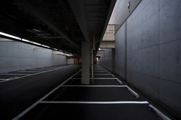 Underground parking garage with empty parking spaces and concrete pillars