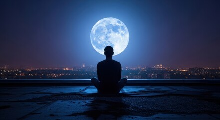 Find inner peace meditating under stunning moonlit sky overlooking city at night perfect for mindful wellness