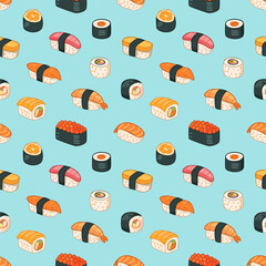 Seamless sushi pattern. Vector illustration with Japanese food – sushi rolls, nigiri, maki, salmon, shrimp, caviar. Cute colorful Asian cuisine background for packaging, fabric, wallpaper, menu design