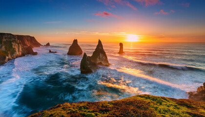Sea Stack Views And Ocean Flows Amazing Sunrise