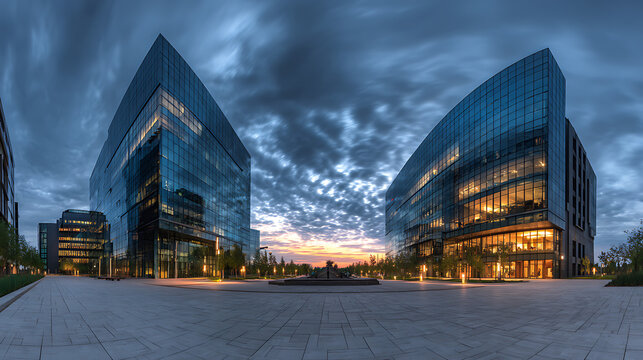 Modern glass office buildings at dusk with illuminated windows and dramatic sky modern architecture