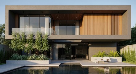 Fototapeta premium Stunning modern home with pool offers luxury living and outdoor relaxation for design inspiration and real estate appeal