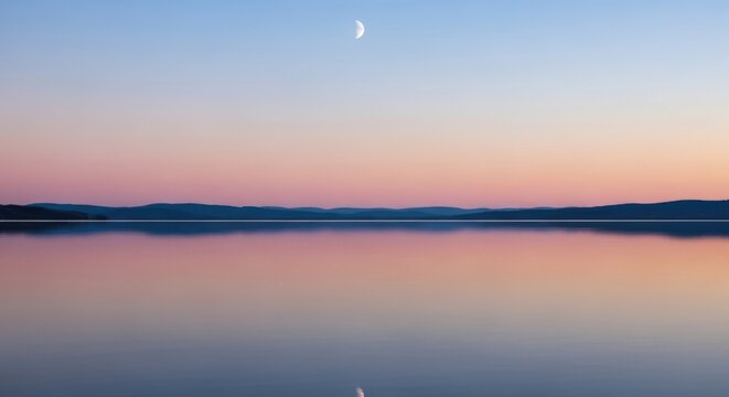 Serene lake reflects a pastel sunset with a crescent moon evoking peace and tranquility for mindfulness campaigns