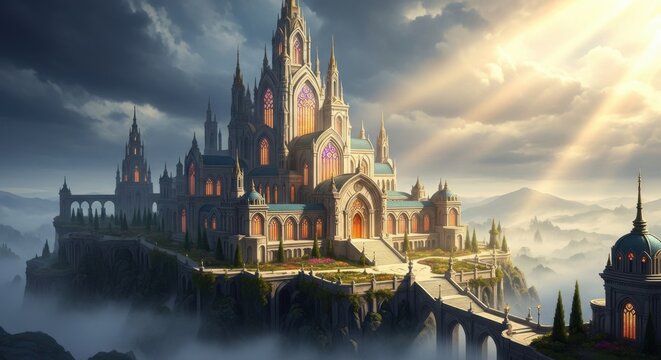 Enchanting castle atop misty mountain evokes fairytale wonder and architectural grandeur under divine light