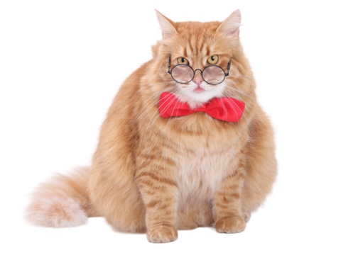 PNG studio portrait of a fluffy ginger cat wearing glasses and a red bow tie, sitting on white background, humorous stylish pet concept for ads, lifestyle projects, social media, and commercial use.