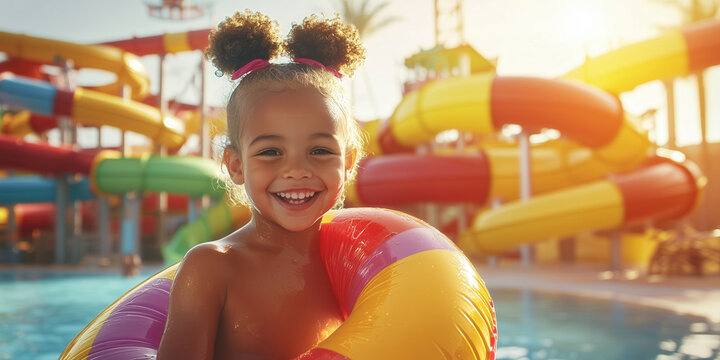 Child holding an inflatable ring in swimming pool in water park. Little child having fun on family summer vacation in tropical resort.