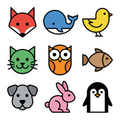 Diverse Animal Icons Fox, Whale, Bird, Cat, Owl, Fish, Dog, Rabbit, Penguin