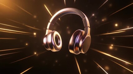 Shiny Metallic Headphone Icon with Energetic Light Streaks and Particles