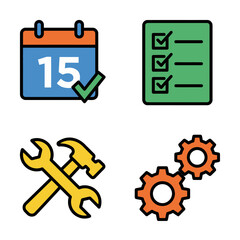 Comprehensive collection of modern flat design vector icons representing essential concepts of scheduling, task management, maintenance, and system operations for business and personal productivity