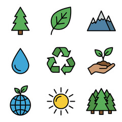 Obraz premium A vibrant collection of ecological icons illustrating environmental protection, sustainable practices, and the beauty of the natural world, perfect for projects promoting green living and conservation