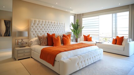 Large white bed with orange pillows and a green plant in the corner