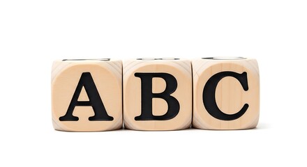 Three wooden cubes with letters A, B, and C on their sides, isolated on a pure white background, representing learning and education